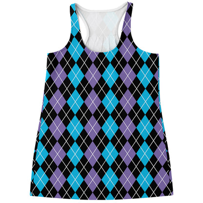 Black Purple And Blue Argyle Print Women's Racerback Tank Top