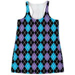Black Purple And Blue Argyle Print Women's Racerback Tank Top