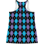 Black Purple And Blue Argyle Print Women's Racerback Tank Top
