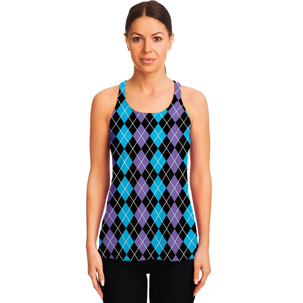 Black Purple And Blue Argyle Print Women's Racerback Tank Top