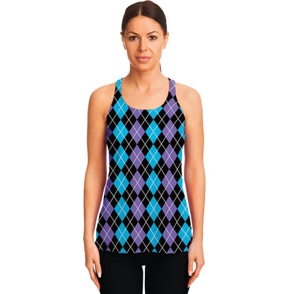 Black Purple And Blue Argyle Print Women's Racerback Tank Top
