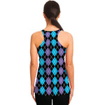 Black Purple And Blue Argyle Print Women's Racerback Tank Top