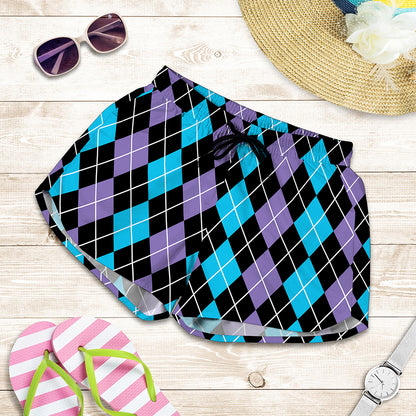 Black Purple And Blue Argyle Print Women's Shorts