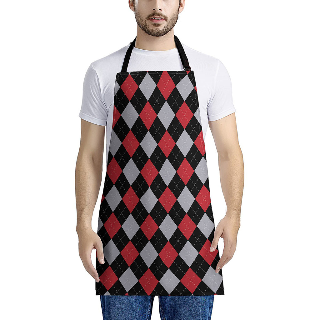 Black Red And Grey Argyle Pattern Print Apron