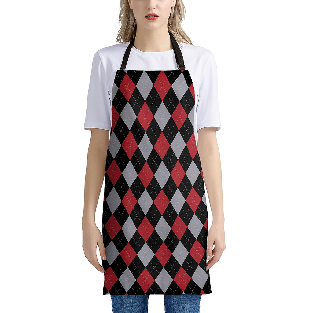 Black Red And Grey Argyle Pattern Print Apron