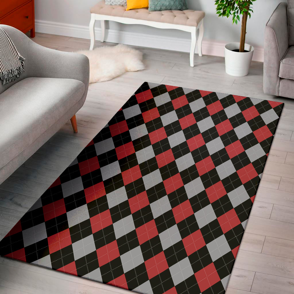 Black Red And Grey Argyle Pattern Print Area Rug