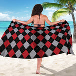 Black Red And Grey Argyle Pattern Print Beach Sarong Wrap