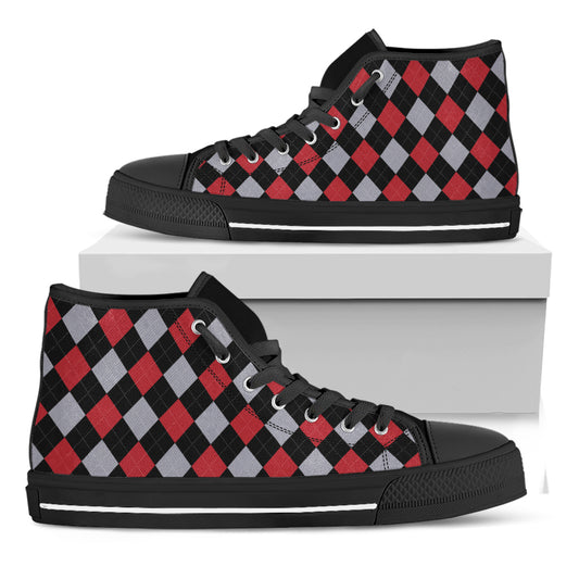 Black Red And Grey Argyle Pattern Print Black High Top Shoes