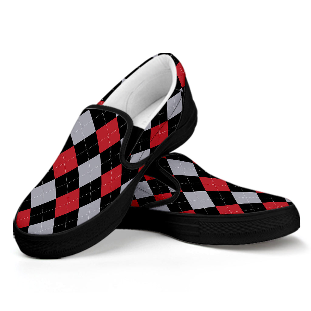 Black Red And Grey Argyle Pattern Print Black Slip On Shoes