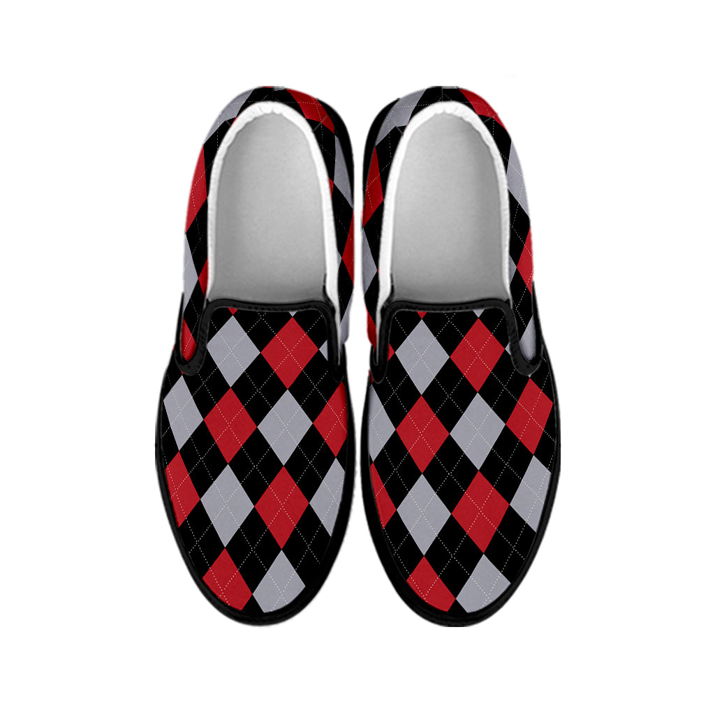 Black Red And Grey Argyle Pattern Print Black Slip On Shoes