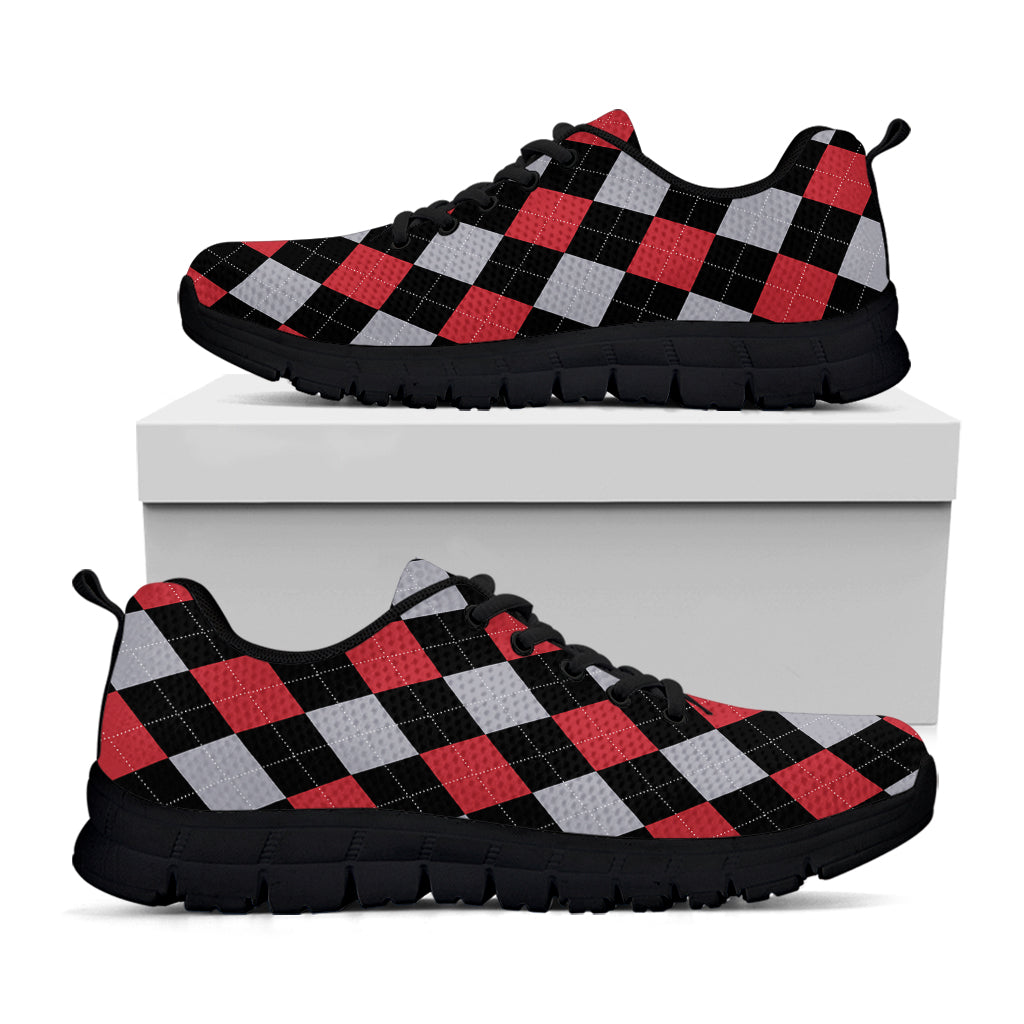 Black Red And Grey Argyle Pattern Print Black Sneakers