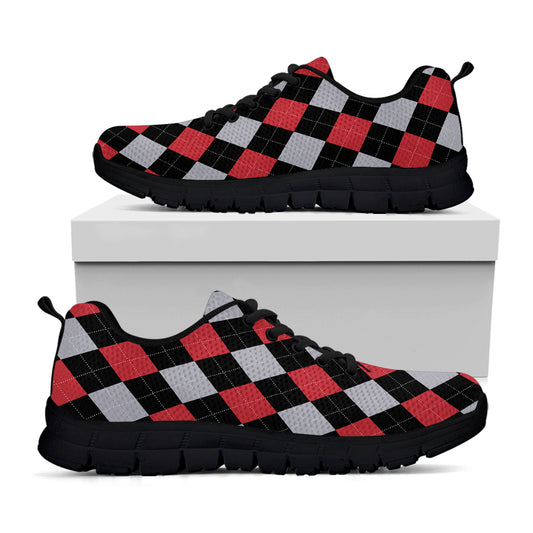 Black Red And Grey Argyle Pattern Print Black Sneakers