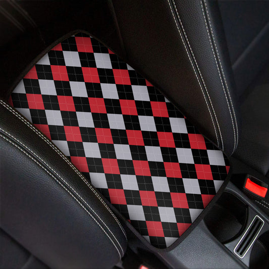 Black Red And Grey Argyle Pattern Print Car Center Console Cover