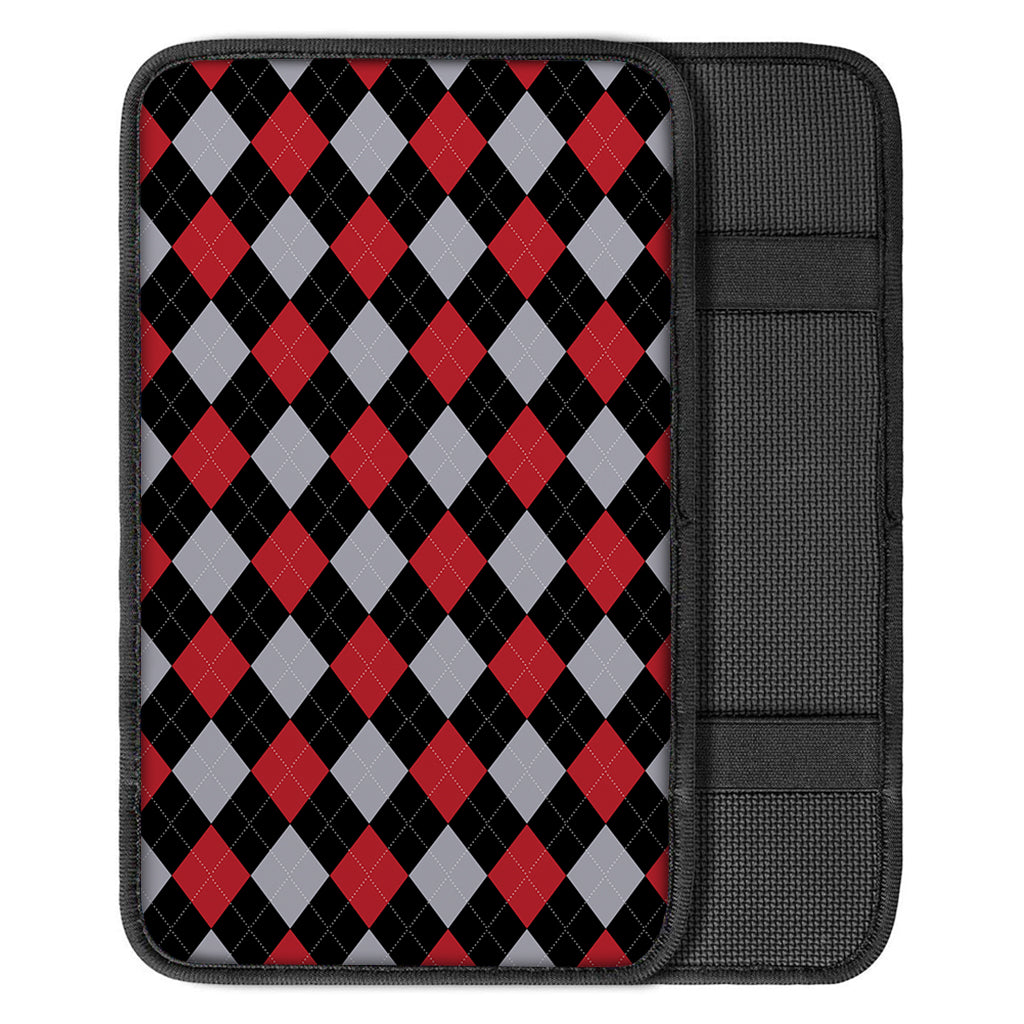 Black Red And Grey Argyle Pattern Print Car Center Console Cover