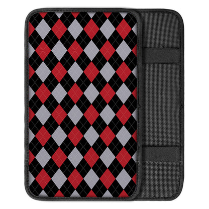Black Red And Grey Argyle Pattern Print Car Center Console Cover