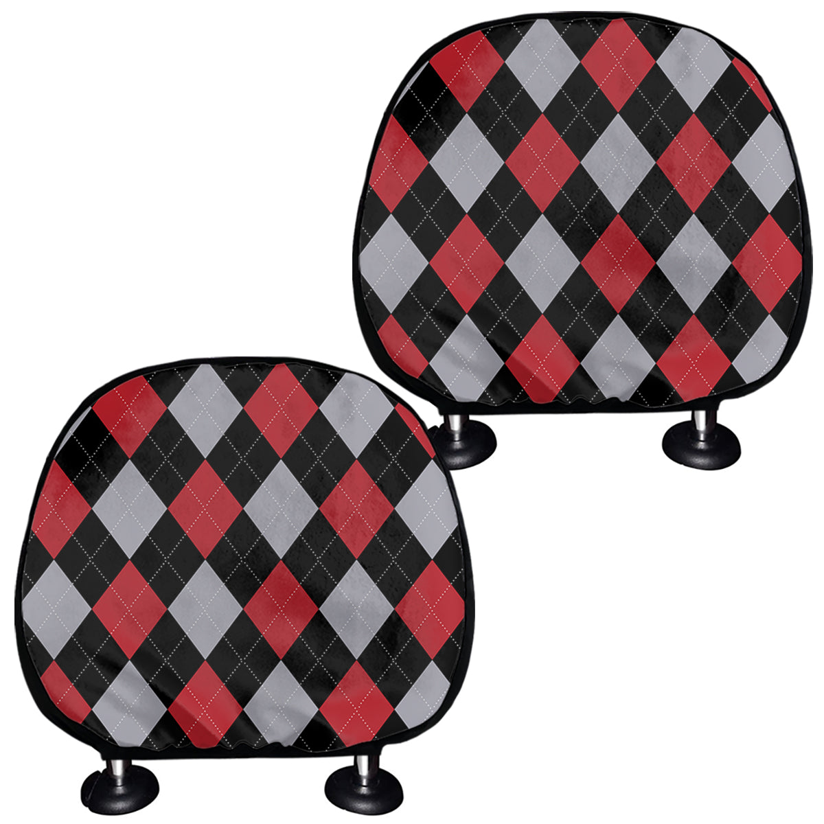 Black Red And Grey Argyle Pattern Print Car Headrest Covers
