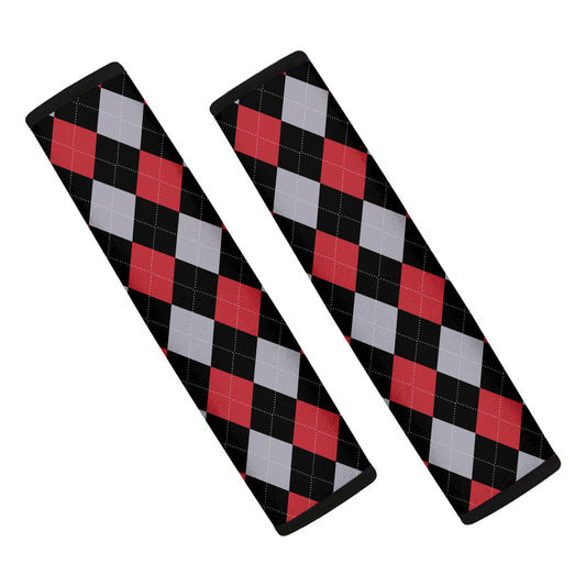 Black Red And Grey Argyle Pattern Print Car Seat Belt Covers