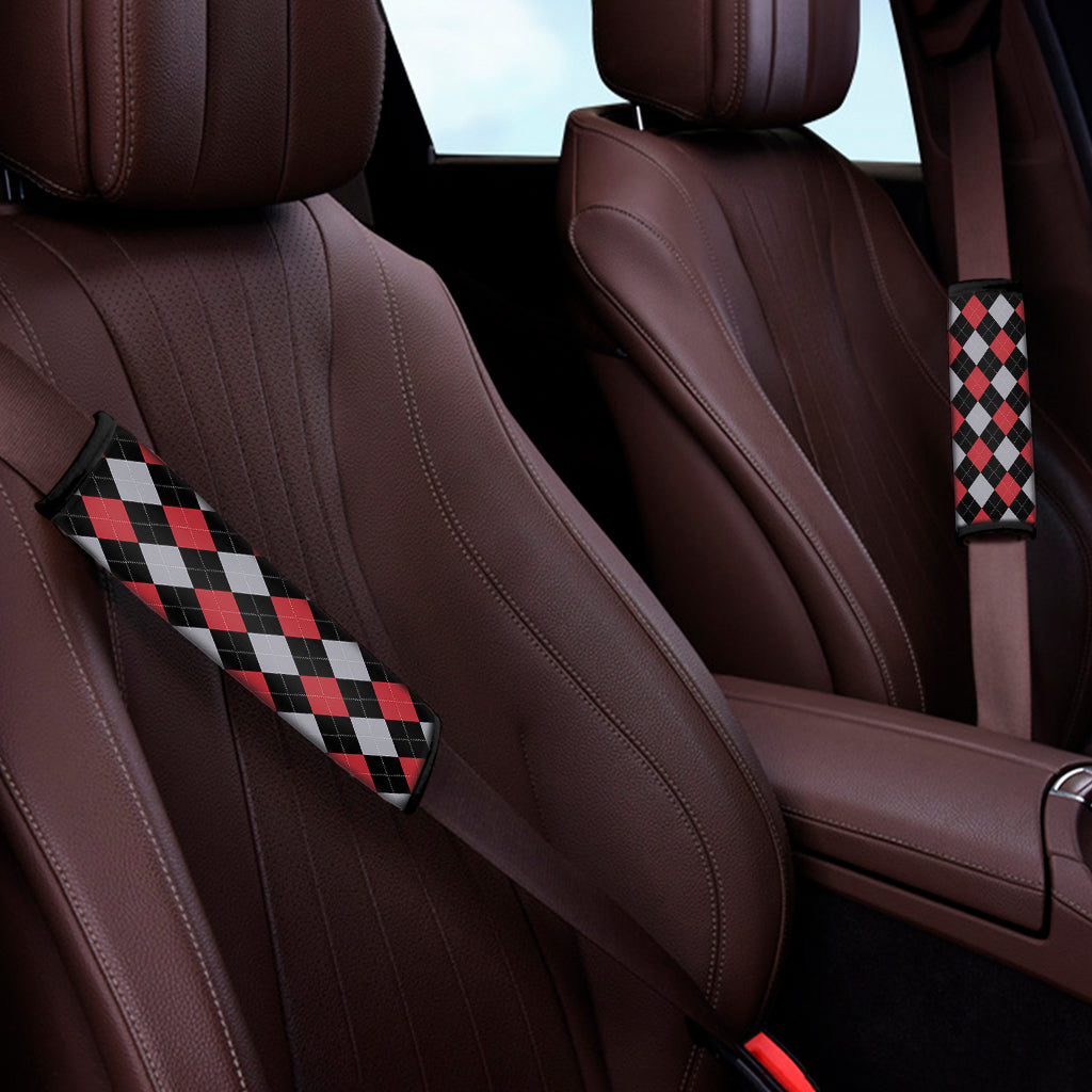 Black Red And Grey Argyle Pattern Print Car Seat Belt Covers