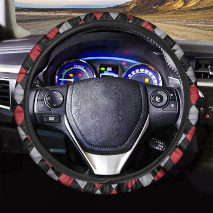 Black Red And Grey Argyle Pattern Print Car Steering Wheel Cover