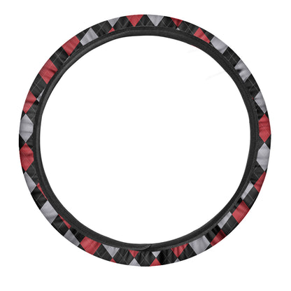 Black Red And Grey Argyle Pattern Print Car Steering Wheel Cover
