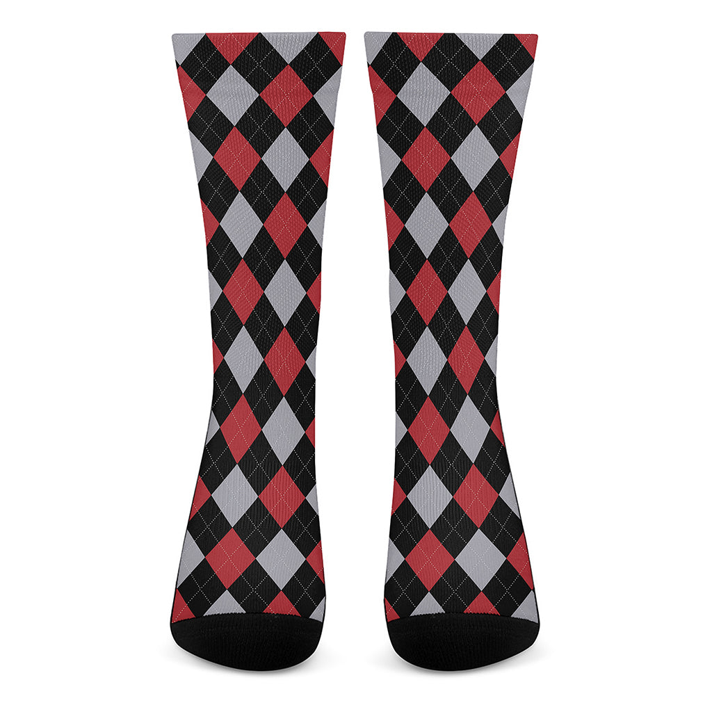 Black Red And Grey Argyle Pattern Print Crew Socks