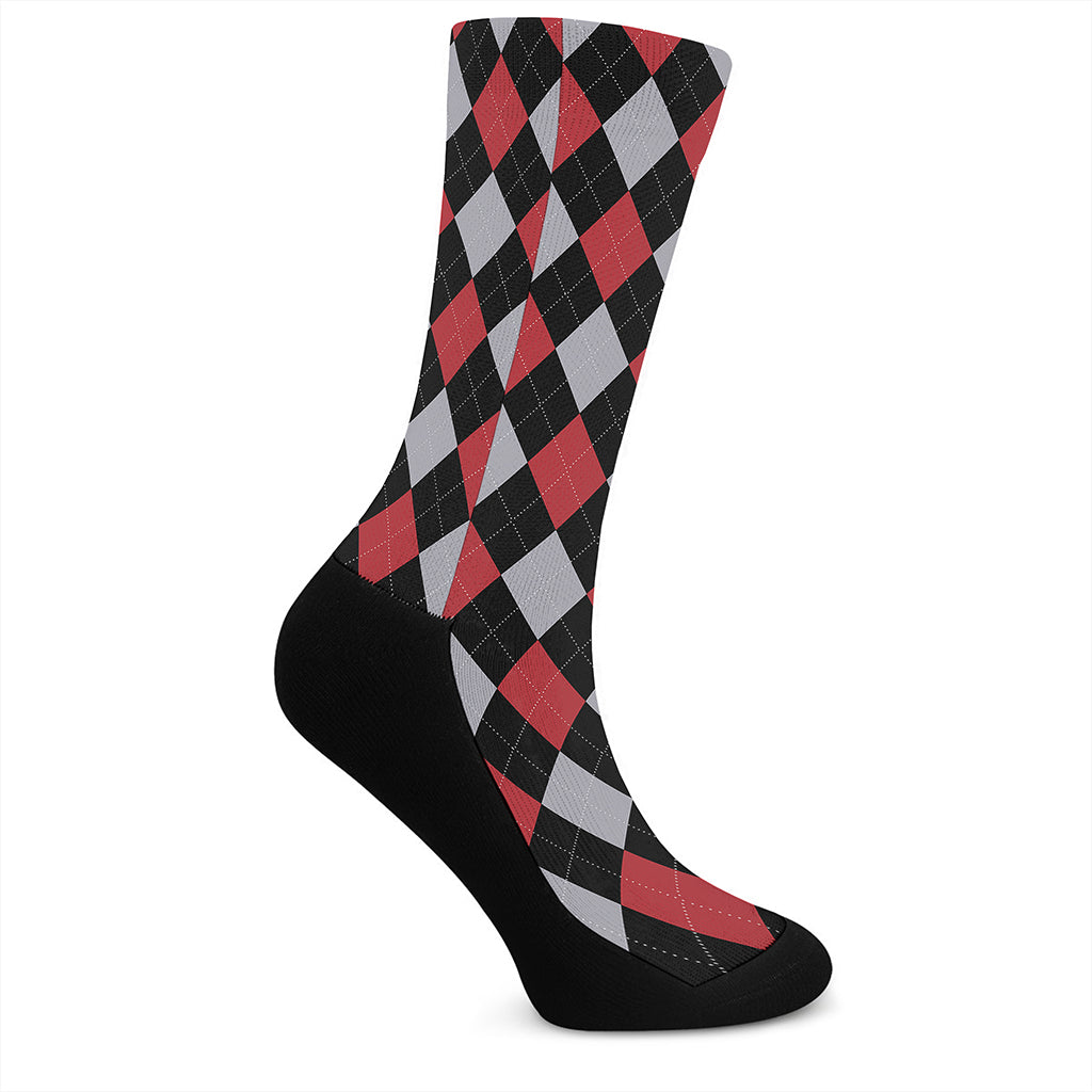 Black Red And Grey Argyle Pattern Print Crew Socks