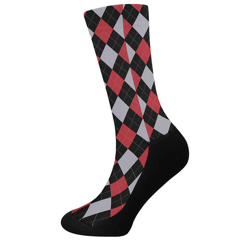 Black Red And Grey Argyle Pattern Print Crew Socks