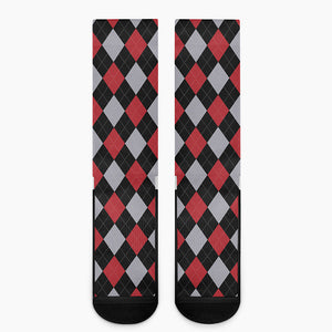 Black Red And Grey Argyle Pattern Print Crew Socks