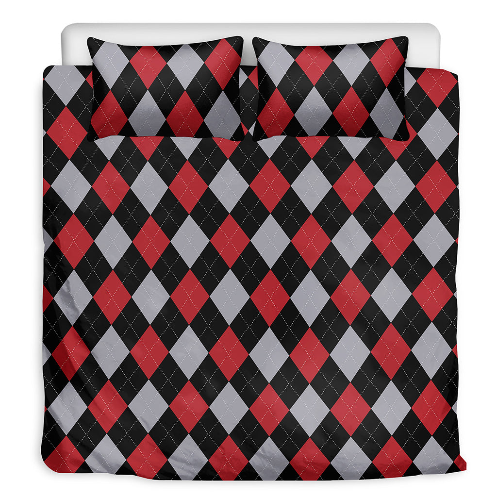 Black Red And Grey Argyle Pattern Print Duvet Cover Bedding Set