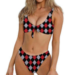 Black Red And Grey Argyle Pattern Print Front Bow Tie Bikini