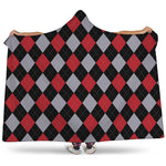 Black Red And Grey Argyle Pattern Print Hooded Blanket