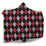 Black Red And Grey Argyle Pattern Print Hooded Blanket