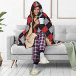 Black Red And Grey Argyle Pattern Print Hooded Blanket
