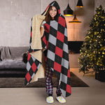 Black Red And Grey Argyle Pattern Print Hooded Blanket