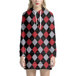 Black Red And Grey Argyle Pattern Print Hoodie Dress