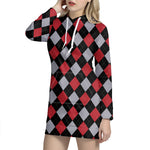 Black Red And Grey Argyle Pattern Print Hoodie Dress
