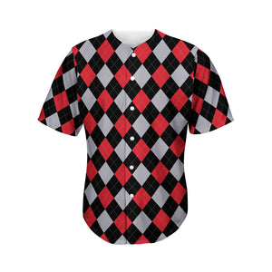 Black Red And Grey Argyle Pattern Print Men's Baseball Jersey