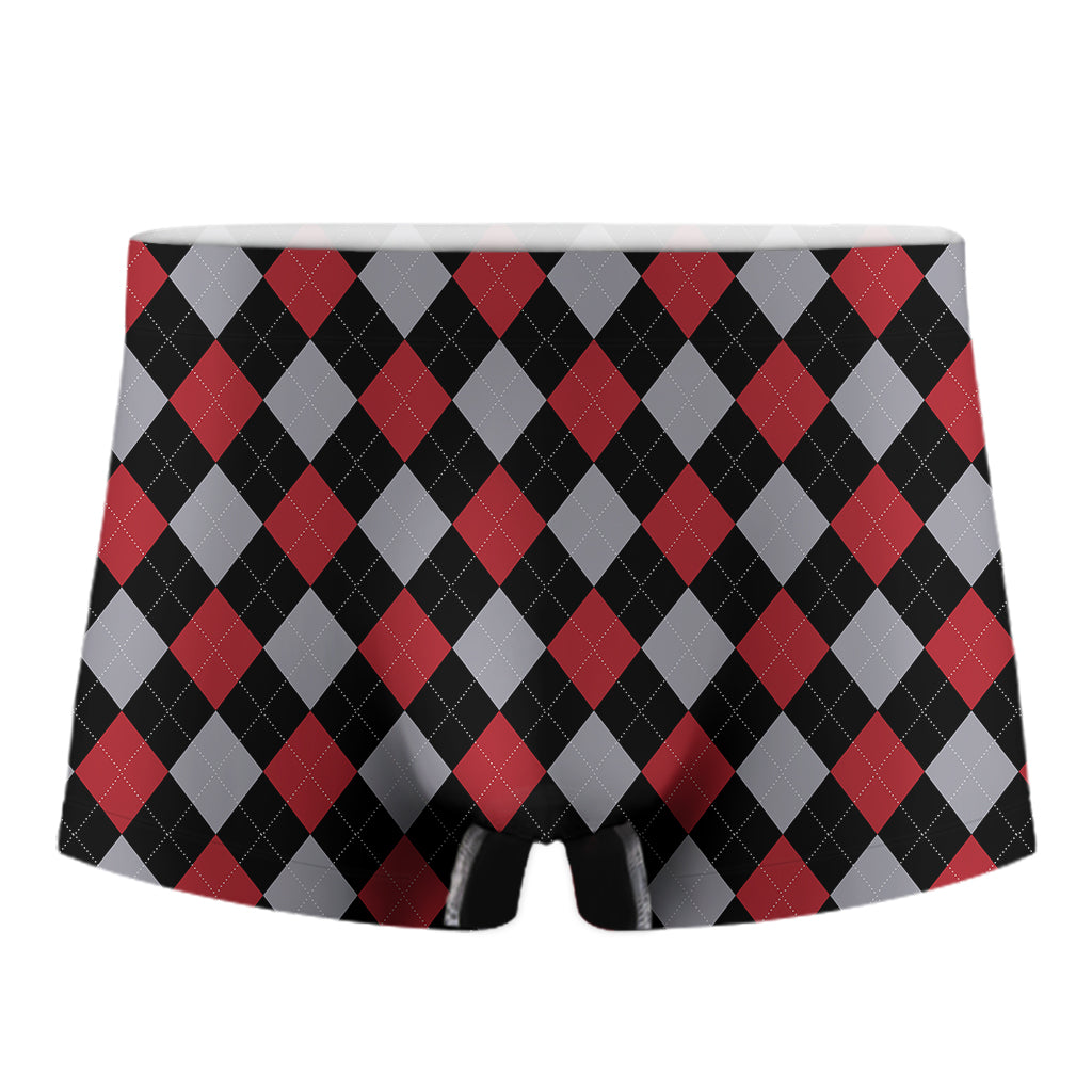 Black Red And Grey Argyle Pattern Print Men's Boxer Briefs