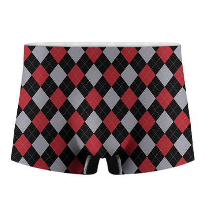 Black Red And Grey Argyle Pattern Print Men's Boxer Briefs