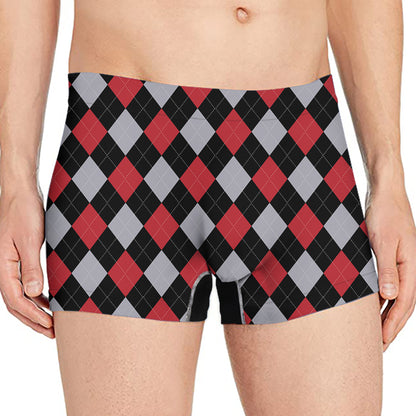 Black Red And Grey Argyle Pattern Print Men's Boxer Briefs