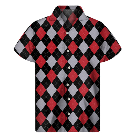 Black Red And Grey Argyle Pattern Print Men's Short Sleeve Shirt
