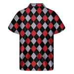 Black Red And Grey Argyle Pattern Print Men's Short Sleeve Shirt