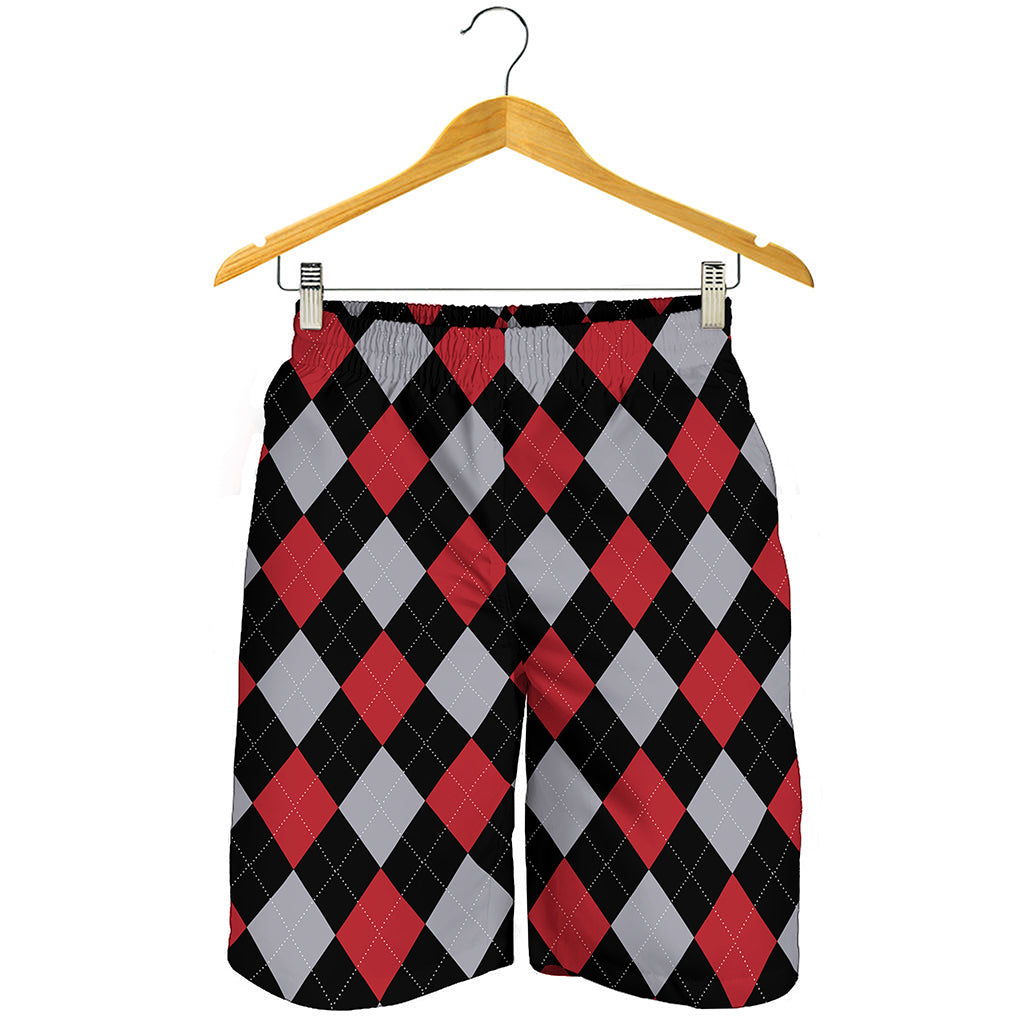 Black Red And Grey Argyle Pattern Print Men's Shorts