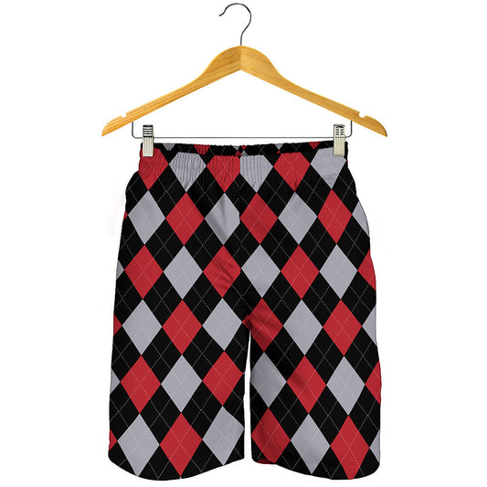 Black Red And Grey Argyle Pattern Print Men's Shorts