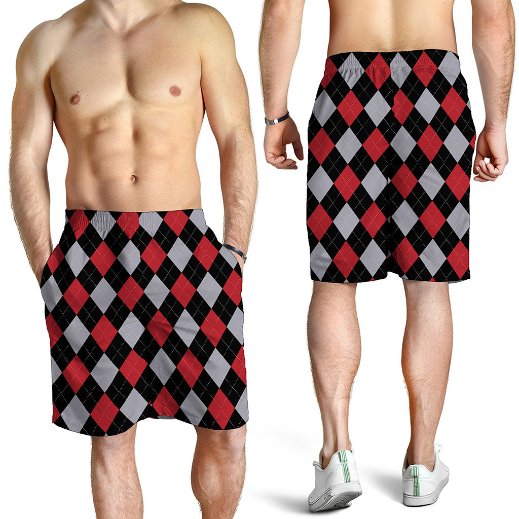 Black Red And Grey Argyle Pattern Print Men's Shorts