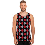 Black Red And Grey Argyle Pattern Print Men's Tank Top