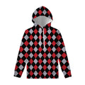 Black Red And Grey Argyle Pattern Print Pullover Hoodie