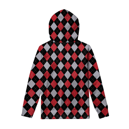 Black Red And Grey Argyle Pattern Print Pullover Hoodie