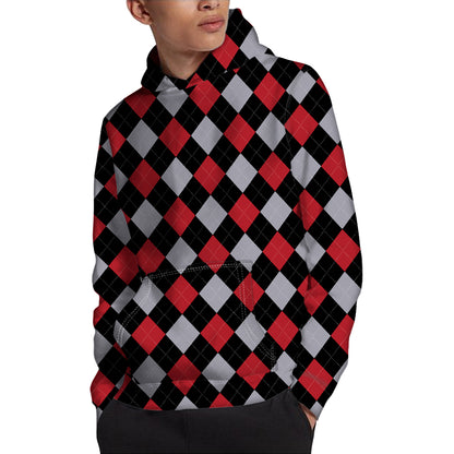 Black Red And Grey Argyle Pattern Print Pullover Hoodie