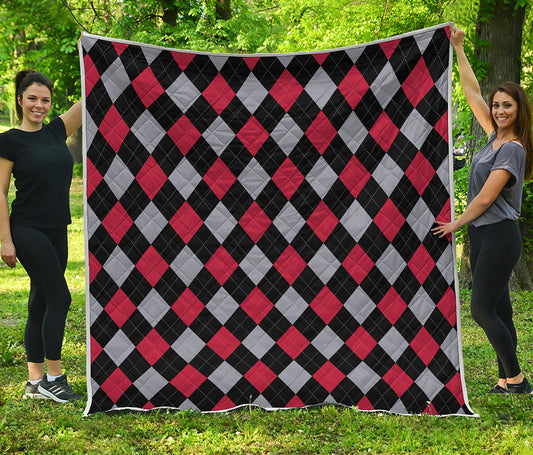 Black Red And Grey Argyle Pattern Print Quilt